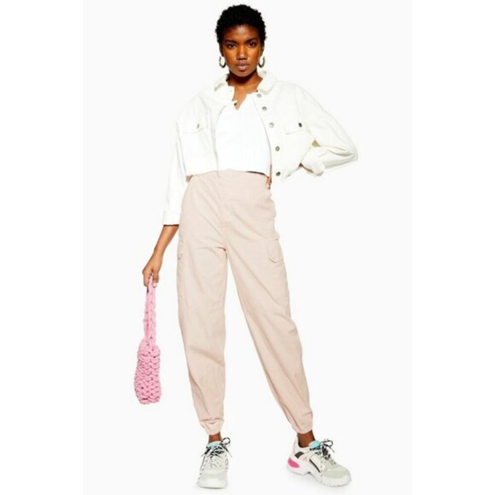 TOPSHOP Jeans High Rise Pink Utility Cargo Pants Cuffed Ankles Sz 6 US NEW